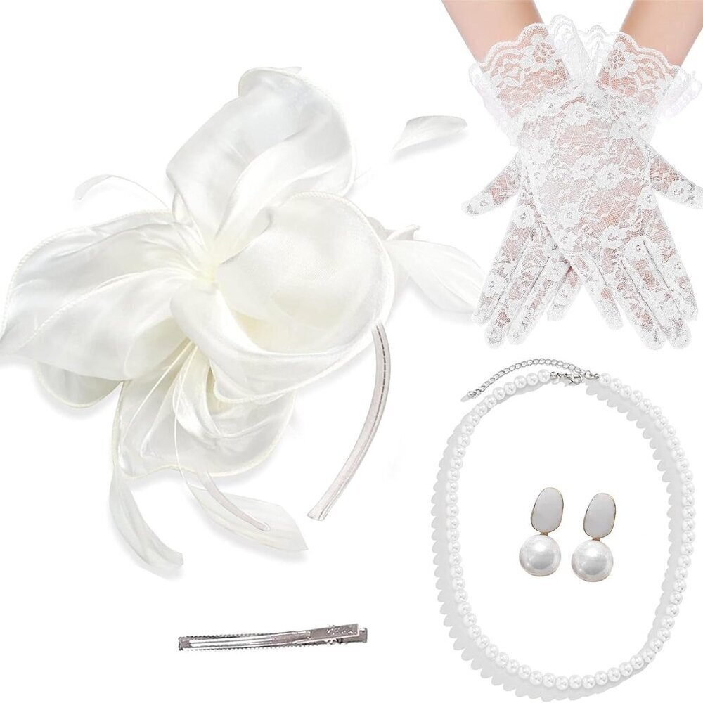 White Fascinator Hat Set for Women Wedding Tea Party Accessories Vintage Style